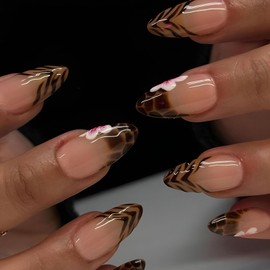 Press on Nails Medium Almond Fake Nails with Leopard Print Flower Designs French Tip Nails Press ons Glossy Glue on Nails Fall Acrylic Nails Nude False Nails Artificial Stick on Nails for Women 24Pcs