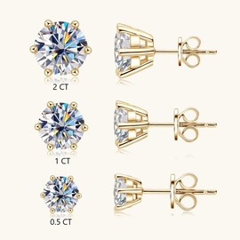DIVA'S Moissanite Earrings Set 925 Sterling Silver-14K Gold Plated Stud Styles, 3 Pairs-0.5-1.0-2.0 CTs VVS Moissanite GRA Certificates Grade D Color