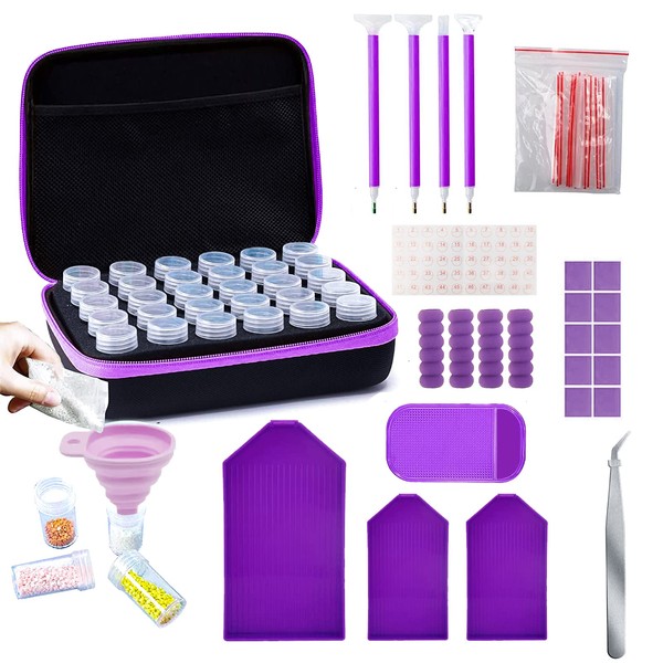 Yuragim 5D Diamond Painting Accessories Box, 30 Compartments Diamond Painting Case, 5D Diamond Painting Storage Box with Case, Funnel, Stickers, Tweezers for Nails, Rhinestone Beads, DIY Crafts Gifts