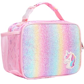 Bagseri Lunch Bag for Girls - Kids Lunch Box for Girls Reusable Leak-Proof and Insulated Kids Lunch Bag With Water Bottle Holder Toddler Lunch Box for Daycare and School, Glitter Pink Unicorn