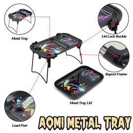 Foldable Metal Rolling Tray, 2pcs Large Coloful Multi-Purpose Metal 9.1 x 6.2 inches Table Kit with Rolling Trays Including Tools Packer Maker Colorful Mushroom Pattern (AO028-1)