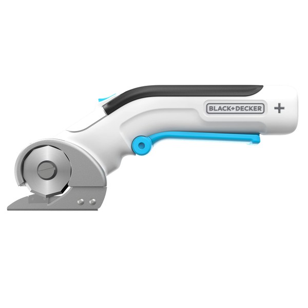 Black+Decker 3.6 V Cordless Universal Cutter (Wireless, Rotary Cutter for Precise Cuts in Fabric, Paper, Cardboard, Plastic, with Self-Sharpening Blade, Includes USB-C Charging Cable) White/Blue
