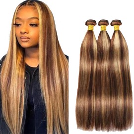 GLSMOSNW Highlight Human Hair Bundles P4/27 Ombre Straight Bundles Blonde And Brown Hair Extensions 24 26 28 Inch For Black Women