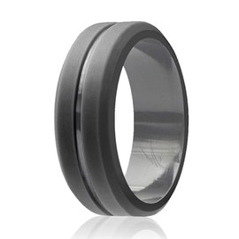 ROQ Silicone Rubber Wedding Ring for Men, Comfort Fit, Men's Wedding Band, Breathable Rubber Engagement Band, 8mm Wide 2mm Thick, Engraved Middle Line, Single, Grey, Size 7