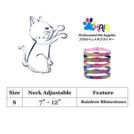 THAIN Bling cat kitten collar Rainbow Rhinestone breakaway diamond with bell Soft velvet quick release (Black)