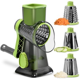 ERGONOW Rotary Cheese Grater Rotary Handheld with 3 Interchangeable Blades, Handheld Vegetable Slicer, Vegetable Chopper for Nuts, Fresh Cheese, and Vegetables, Upgraded Union Body Design (Green)