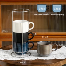 Tikooere Ceramic Coffee Mugs with Stand,15 Ounce Stackable Coffee Cups Set of 4 for Latte,Cappuccino,Mocha,Cocoa,Ribbed Vintage Coffee Cups for Men Women,Dishwasher & Microwave Safe,Striped Multicolor