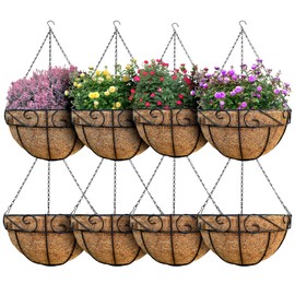 8 Pack 12 Inch Metal Round Hanging Planter Basket with Coco Coir Liner Outdoor Indoor Large Hanging Flower Pots Chain Hanging Basket for Garden, Home Decor, Balcony, and Office