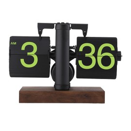 Flip Desk Clock, Retro Vintage Flip Desk Table Clock, Digital Flip Clock Sided Large Numbers Mechanical Flip Clock Wood Base for Living Room, Study Room and Office（Frosted Black）