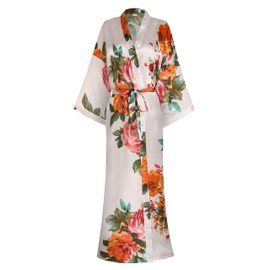 Mignon Cromwell Womens Silk Kimono Robe Long Floral Bridesmaids Robe Satin Wedding Party Bridal Robe Dressing Gown Loungewear Sleepwear, X-Large-XX-Large