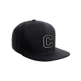 Classic Snapback Hat Custom A to Z Initial Raised Letters, Black Cap White Black Letter Initial C