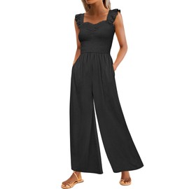 Caracilia Womens Summer Casual Jumpsuit Sleeveless Ruffle Smocked Wide Leg Rompers 2025 Trendy One Piece Jumpers with Pockets Black Large