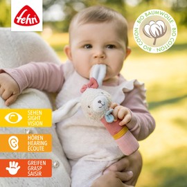 Fehn FehnNatur Stick Grasping Toy Rabbit - Motor Skills Toy with Rattle for Gripping, Cuddling - Cuddly Toy Grasping Toy with Organic Cotton - Baby Toy for Babies and Toddlers from 0+ Months