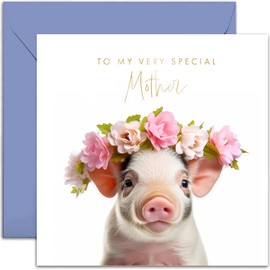 Old English Co. Piglet Very Special Mother Card - Pig Floral Cute Birthday Card for Her - Cute Mother's Day Cards for Mum or Mom from Son or Daughter | Blank Inside with Envelope…