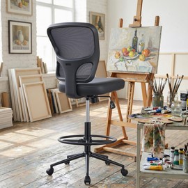 HYLONE Armless Office Chair with Footrest, PU Leather Swivel Desk Chair, Adjustable Height Drafting Chair for Home Office, Mid Back Counter Height Computer Chair