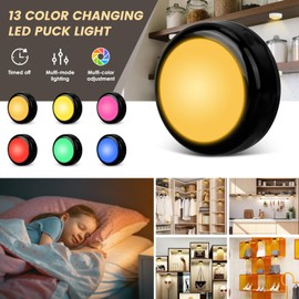 Totahow RGBW Color Changing Puck Lights with Wireless Remote - 16 Colors Dimmable Under Cabinet, Battery Powered LED Push Puck Lights with Timer & Memory Function, Black (3 Pack)