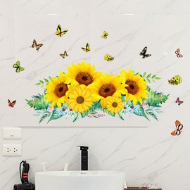 astylishome Wall Stickers Spring Summer Garden Flower Window Wildflower Sunflower Butterflies Floral Walls Decals Doors Sticker Wallpaper for Living Room Kitchen 0203