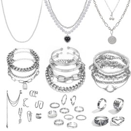 IFKM IFKM 36 Piece Silver Plated Jewelry Set - 3 Necklaces, 12 Bracelets, 7 Ear Cuffs, 14 Knuckle Rings for Women - Valentine, Anniversary, Birthday Gifts
