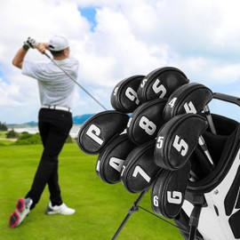 Golf Iron Cover Elastic Closure Wedge Cover Club Head Cover Set 9pcs (4-9,P,A,S) Front and Side White Numbers,Black Synthetic Leather,Three Piece Set