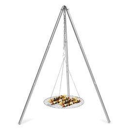 HaSteeL Camping Tripod for Outdoor, Adjustable Portable Cooking Tripod with 17”Folding Grill Grate, Stainless Steel Campfire Grill Stand Hanger for Dutch Oven Hunting Beach BBQ Fire Pit, Easy Assemble