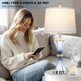 Rinweey Blue Glass Table Lamp with USB C+A Ports & AC Outlet,Coastal Bedside Lamp for Night Stands Bedroom Living Room,Nightstand Lamp LED Bulbs Included,Single Blue