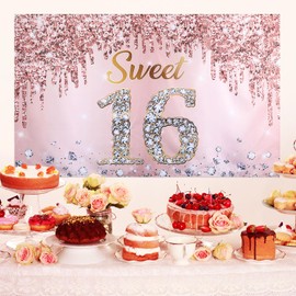 Sweet 16 Birthday Backdrop Banner, 6ft x 3.6ft Pink Rose Gold Happy 16th Birthday Party Decorations for Girls, 16 Years Old Birthday Poster Background Photo Booth Props Decor