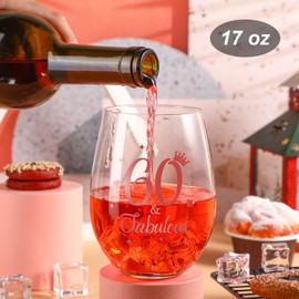 Stammlos Weinglas Roségold Geburtstag Weinglas Geschenk Jubiläum Gläser für Mann Frauen Geburtstag Party Hochzeit Jahrestag Dekorationen, 17 Unzen (60 and Fabulous)