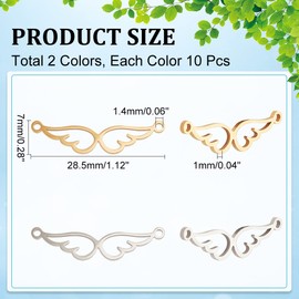 DICOSMETIC 20Pcs 2 Colors Angel Wings Connector Link Hollow Feather Wing Pendant with Double Loop Fairy Wing Charm Link Stainless Steel Jewelry Connector for DIY Bracelet Jewelry Making, Hole: 1.4mm