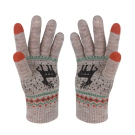 VENI MASEE Winter Women Lovely Deer Print Double Layer Keep Warm Touch Screen Gloves, Women Deer Khaki, 20CM