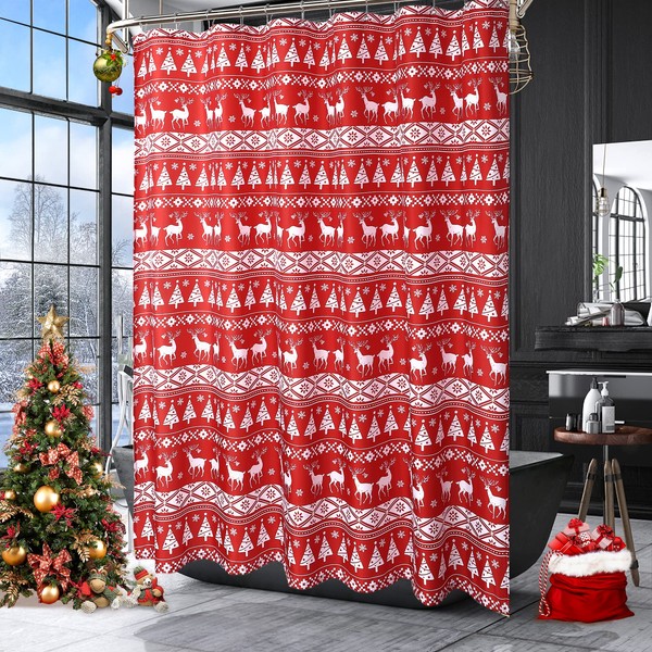 LinTimes Christmas Shower Curtain 100% Polyester Christmas Tree and Deer