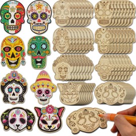 Generic 64 Sets Day of The Dead Skull Crafts Unfinished Wooden Sugar Skull Ornaments Make Your Own Mexican Fiesta Blank Cutout Dia De Los Muertos Hanging Slices Tree Decorations