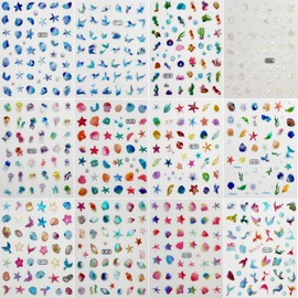 Ocean Nail Art Stickers 12 Sheets Summer Nail Stickers Decals with Shell Starfish Jellyfish Mermaid Nail Art Design 3D Self Adhesive Marine Life Nail Stickers for Women Manicure DIY Nail Decoration