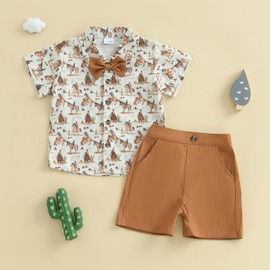 Toddler Infant Baby Boy Summer Gentleman Outfits Short Sleeve Cartoon Print T Shirts Top and Elastic Waist Shorts 2Pcs Tracksuit Sets Formal Clothes for Little Boys (Khaki Horse, 3-4 Years)