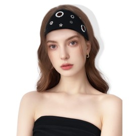 JENSVOIR Grommet Headband for Women, Black Star Hollow Out Elastic Hair Band, Wide Eyelets Punk Grunge Stylish Hairband