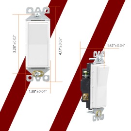 AIDA 3 Way Rocker Decorator Paddle Light Switch, Single Pole or Three Way, 3 Wire, Self-Grounding Screw, Residential Grade, 15A, UL Listed, Quick Push-in & Side Wired, White (10 Pack)