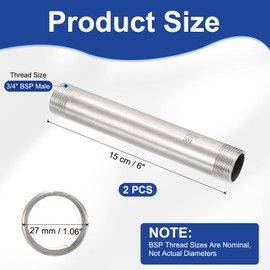 PATIKIL 304 Stainless Steel Pipe Fitting, 2 Pack 3/4" BSP Male x 3/4" BSP Male Threaded 6" Length Nipple Cast Pipe for Extending Piping, Silver