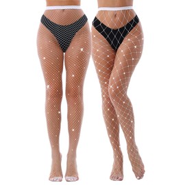 VEBZIN 2 Pack Sparkly Large Mesh And Medium Mesh White Fishnet Tights For Women Glitter Rhinestone Fishnets Leggings Stockings