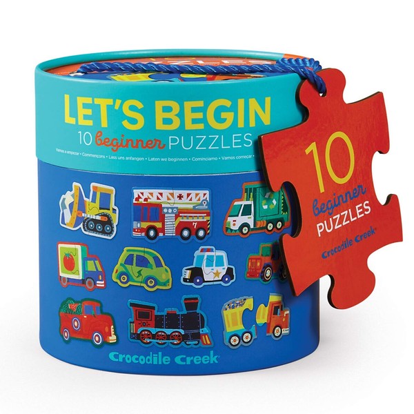 Crocodile Creek Let’s Begin Puzzle, Ten 2-Piece Beginner Puzzles for Ages 2+, Heavy-Duty Canister for Storage, Each Puzzle is Approximately 6 x 4 inches, Colorful Vehicles Design