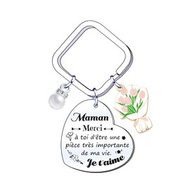 LUODAN Geschenk für Mama, Schlüsselanhänger zum Muttertag, Sentimental für Mutter, mit rosa Schmetterling und Blume, Liebesbotschaft auf Französisch, Schlüsselanhänger mit Herz für Mutter, Weihnachten