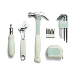 TINKR Home Essentials Tool Kit – Hammer, Ratchet Screwdriver, Tape Measure, Allen Keys & Wrench in Canvas Case. Modern Tool Set for DIY & Home Repairs