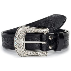 KorhLeoh Women's Vintage-Western-Cowboy-Belt with Rhinestone-Buckle, Floral Engraved Cowgirl Belt Waist Strap for Jeans, Black - Style1, Fits Waist 32-38''