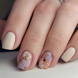 Press On Nails Short Square, Beige Fake Nails with Cute Blossom Floral and Gold Foil Design, Glossy Finish Acrylic Nails Kit for Women, Natural Press-On Nails,Reusable Glue-On Nails Set, 24 Pcs