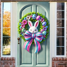 BlissYard Easter Bunny Door Banner 71x35 Inch Easter Bunny Door Cover Wreath Egg Easter Door Banner Accessory Hanging Banner Sign Decoration for Happy Easter Party Favors（Banner,Not a Real Wreath）