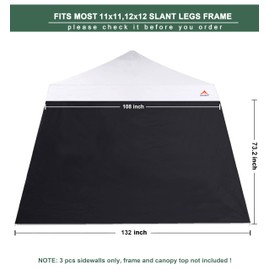 JANCANOPY Black SunWall for 11x11,12x12 Slant Leg Pop Up Canopy,3 Pack Sidewalls Only