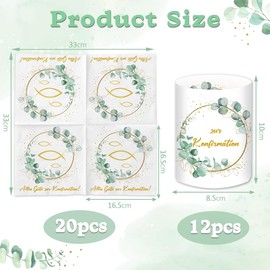 Pack of 20 Confirmation Napkins + 12 Lantern Table Decorations + 60 Wooden Fish Confetti Decoration Boys Girls Eucalyptus Green Party Gifts Table Decoration Wooden Fish Decoration