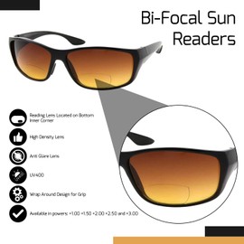 Wise Eyewear 2 Pair Bifocal Sun Reader Sport and Wrap Around Reading Sunglasses - Amber Tint Great for Driving and Fishing - Men and Women (1 Black 1 Tortoise, 3.00)