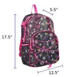 Eastsport Mesh Backpack Heavy Duty See-Through Semi-Transparent with Bungee for Adults, College, Beach, Sporting Events, and Travel - Ditsy Floral Bird Spot Mesh/Pink Sizzle