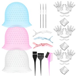 30PCS 3 Sets of Highlight Cap Kit Highlighting Cap Highlight Caps for Har, Reusable, for Men and Women Salon Hairdressing, with Crochet Hook, Hair Brush, Hair Clip, Cape, Shower Cap, Gloves, Earmuffs