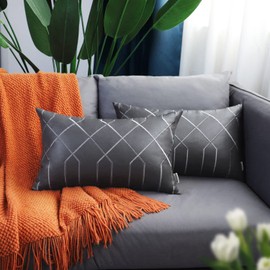 BRAWARM Leather Pillow Covers 12 X 20 Inches - Gray Faux Leather Lumbar Pillow Covers Pack of 2, Geometric Embroidery Leather Decorative Throw Pillows for Living Room Couch Bed Sofa Home