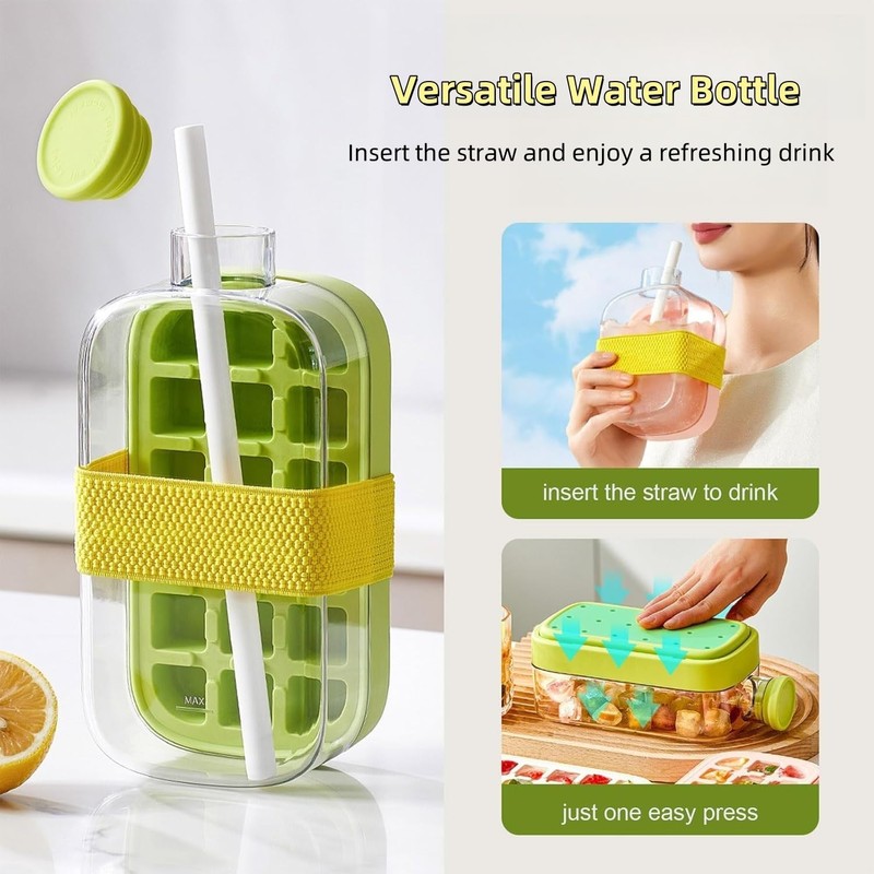 Ice Cube Bottle with Straw,2 in 1 Water Bottle Ice